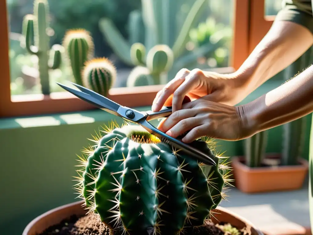 Un momento de cuidado y precisión al podar un cactus en interiores, bañado por la cálida luz del sol