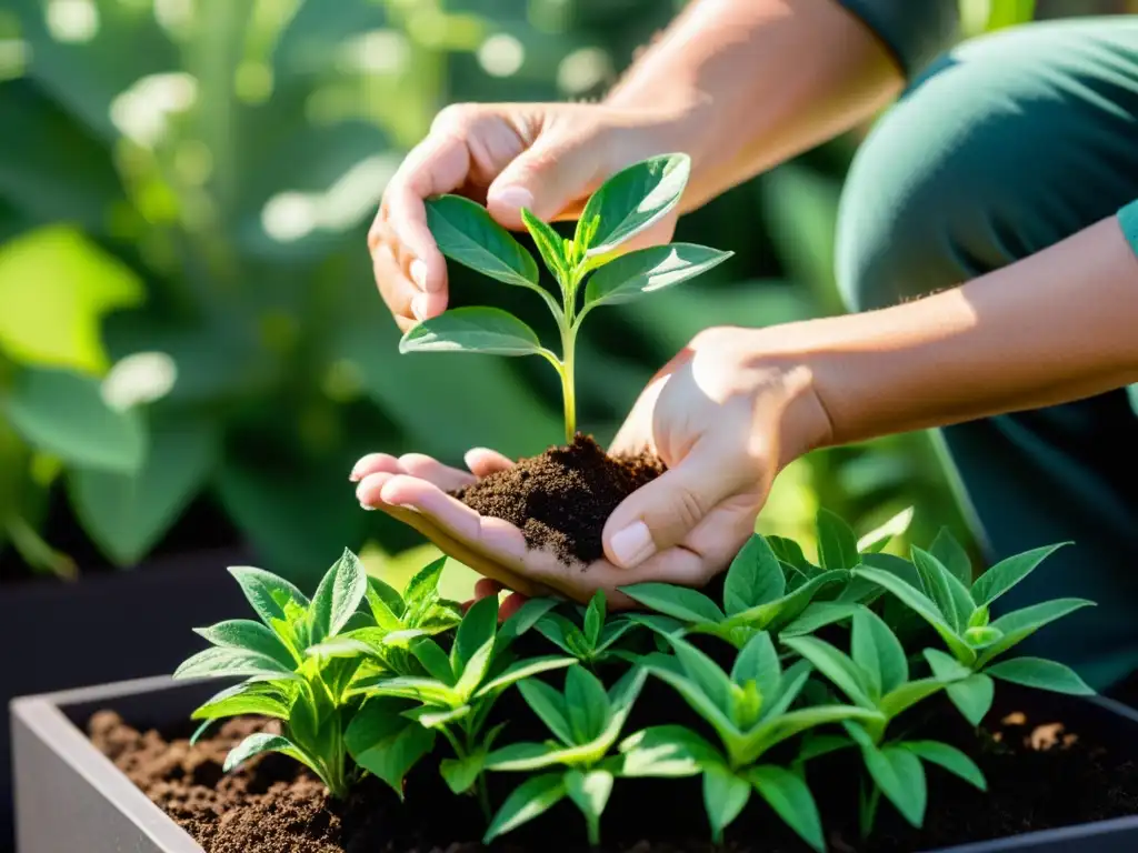 Un momento de cuidado y tranquilidad en un jardín comunitario urbano, donde las manos atienden a las plantas con esmero