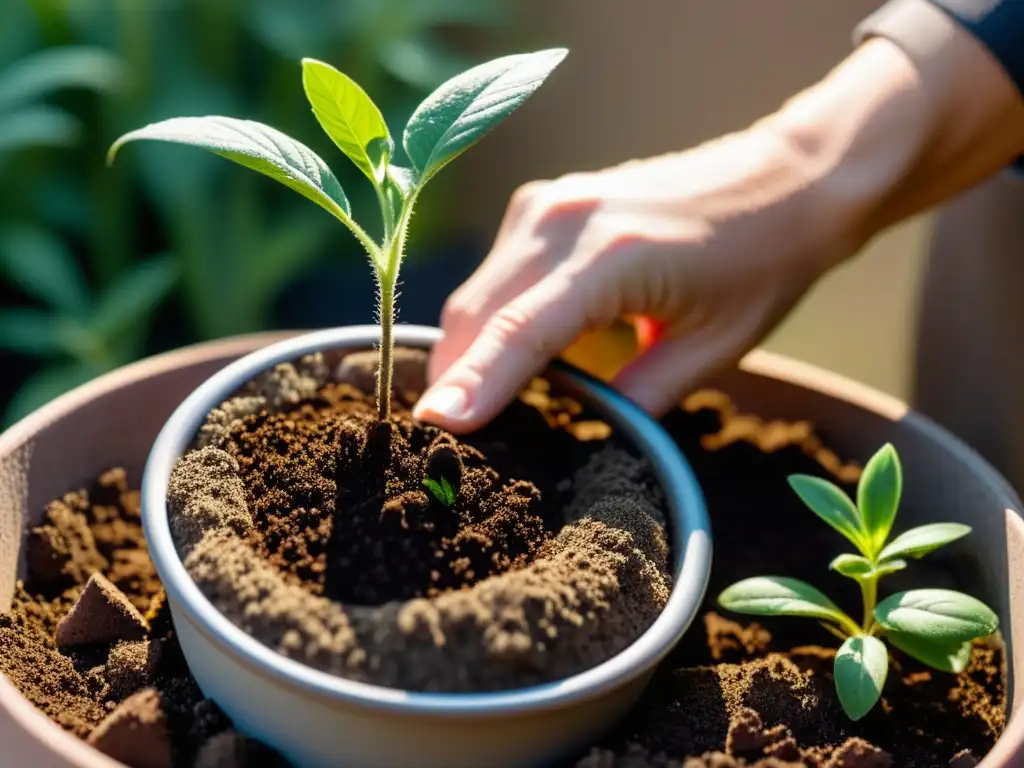 Un momento íntimo de inspección del sustrato de una planta en busca de plagas, con luz suave y sombras delicadas