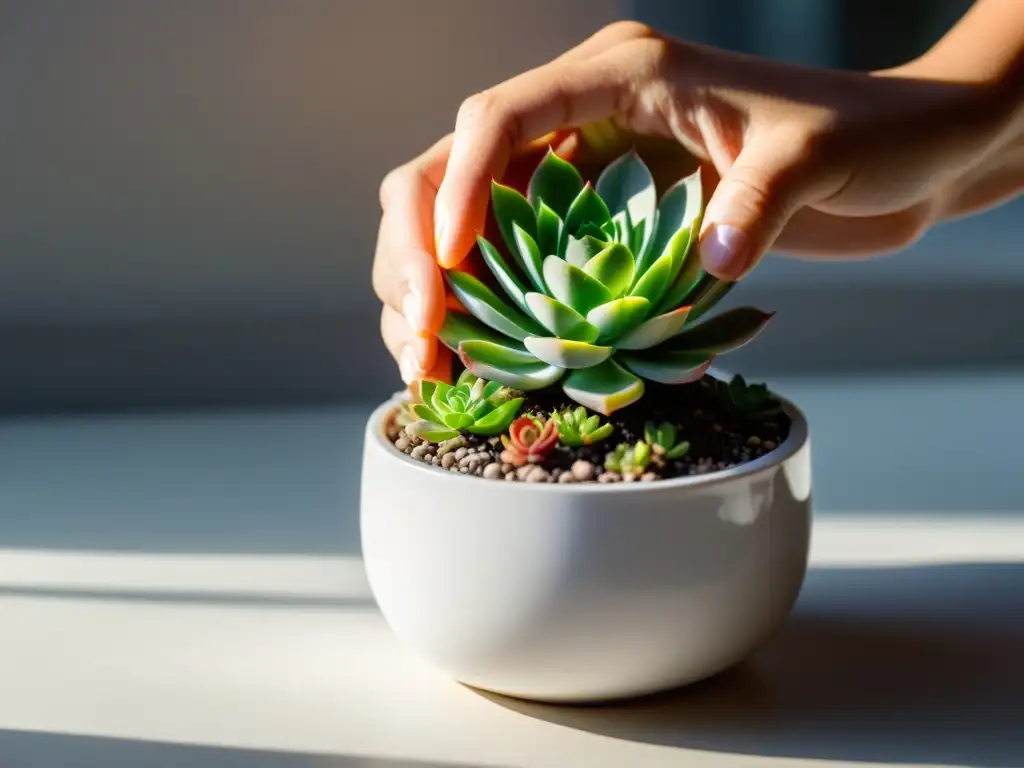 Un momento lleno de cuidado y amor en un jardín comunitario interior, al transplantar una planta delicada a su nueva maceta blanca