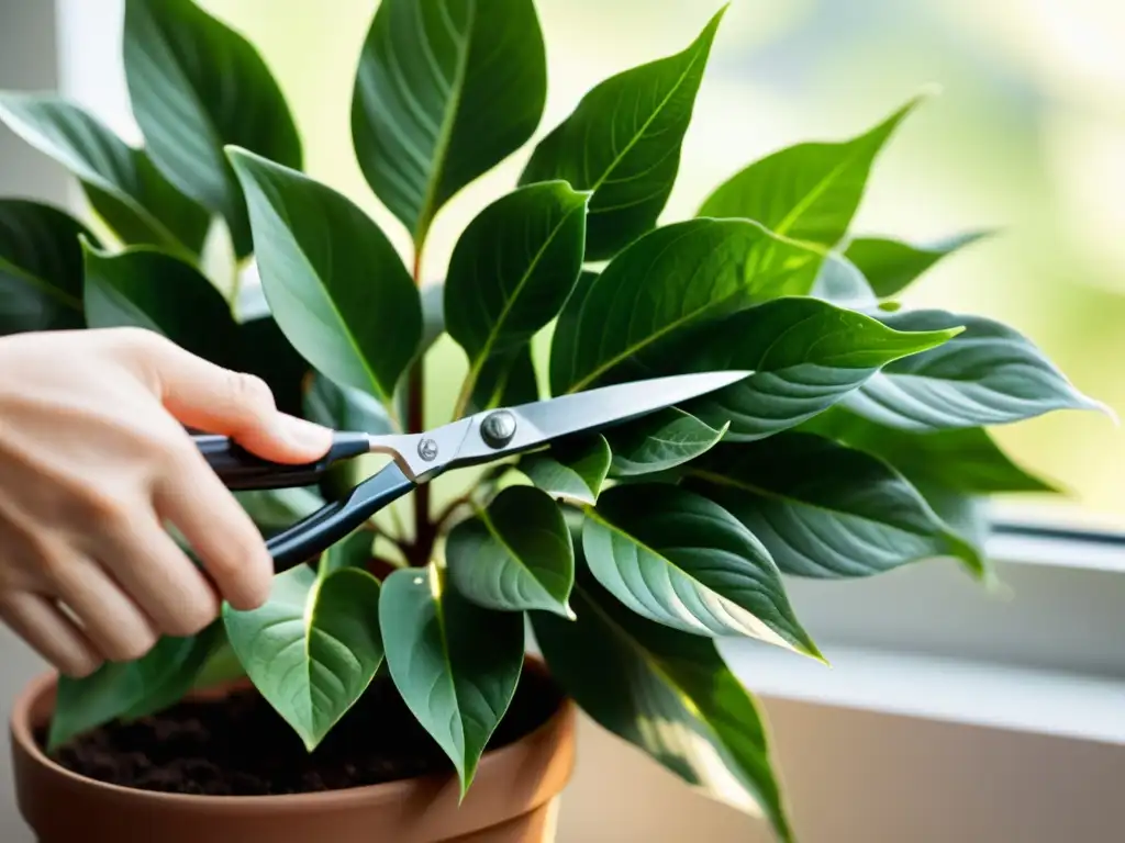 Un momento perfecto para podar plantas de interior, con tijeras de jardinería recortando hojas verdes en maceta, iluminado por la cálida luz del sol