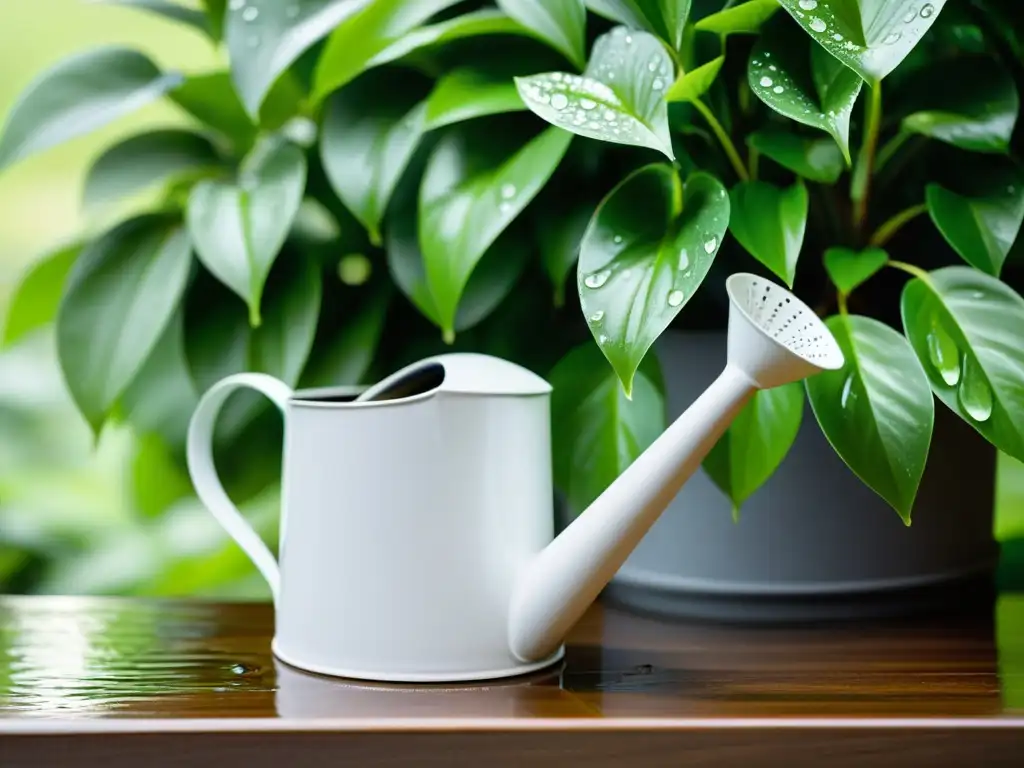 Un momento de serenidad: el agua para plantas de interior fluye suavemente de una regadera blanca sobre las hojas verdes de una maceta