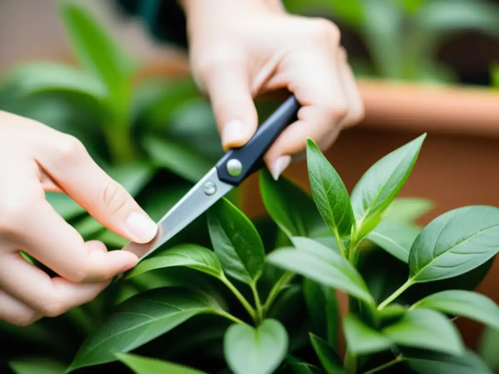 Un momento tranquilo y habilidoso: manos cortando un tallo verde de una planta de interior