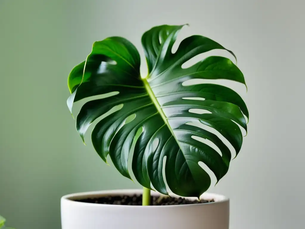 Un Monstera deliciosa en una maceta de cerámica blanca, iluminado suavemente, crea una atmósfera serena