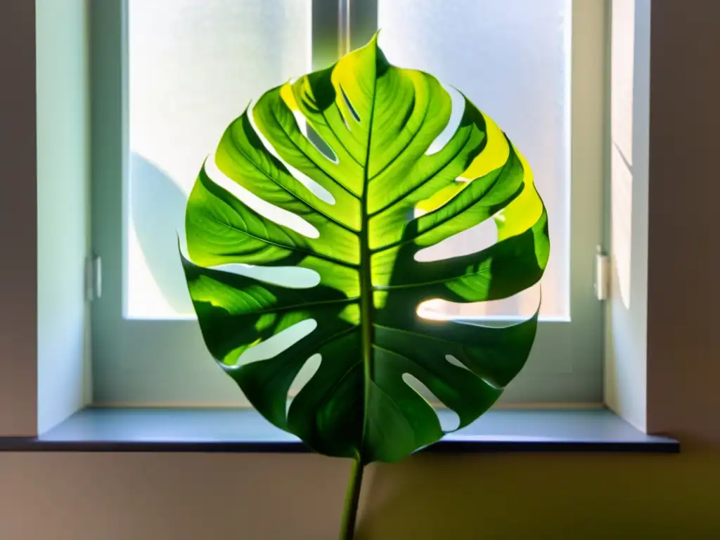 Una Monstera exuberante iluminada por luz natural, creando una atmósfera serena y vibrante para plantas de interior