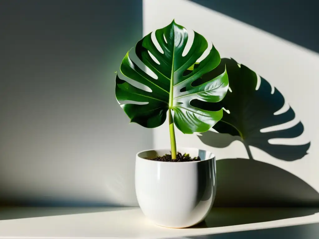 Monstera en maceta blanca en ventana soleada, hojas verdes y luz filtrada crean un ambiente calmado y acogedor