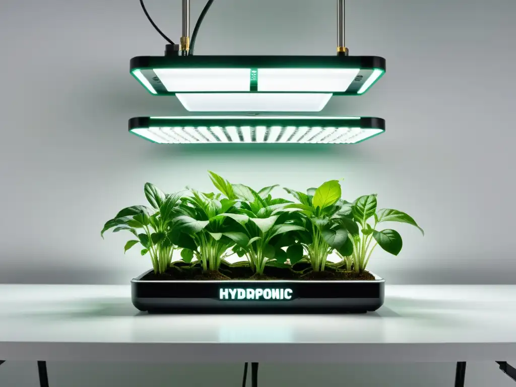 Montaje detallado de sistema hidropónico para plantas de interior, con diseño minimalista y precisas instrucciones