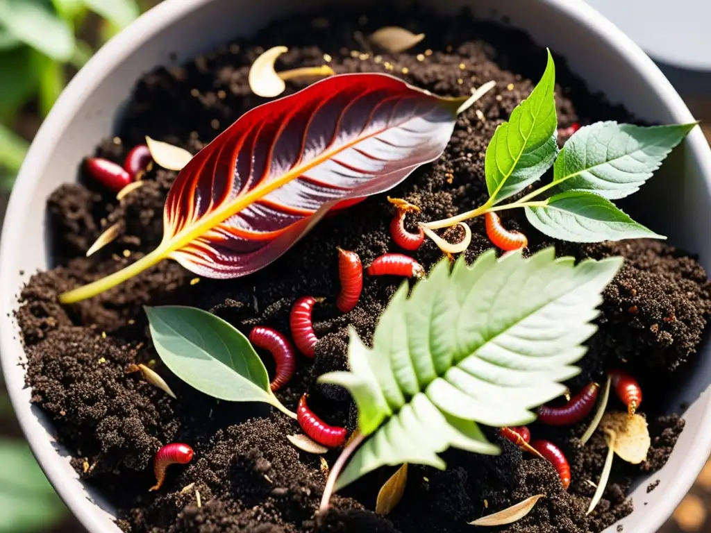 Montón de compost orgánico con lombrices rojas y plantas de interior, mostrando los beneficios del compost para plantas de interior