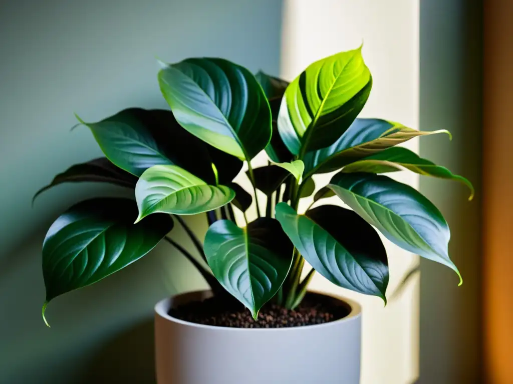 Fotografiando movimiento de plantas de interior en maceta moderna con hojas verdes y sombras danzantes