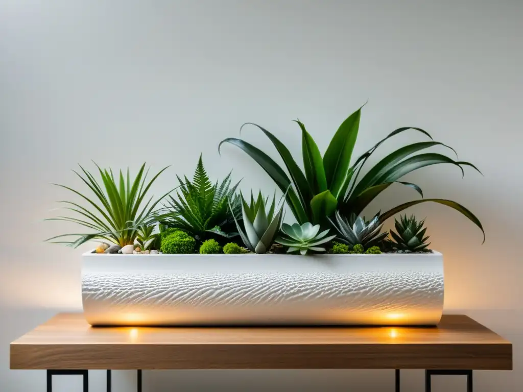 Un jardín de interior multisensorial con plantas texturizadas en un moderno y geométrico macetero, bañado por luz suave