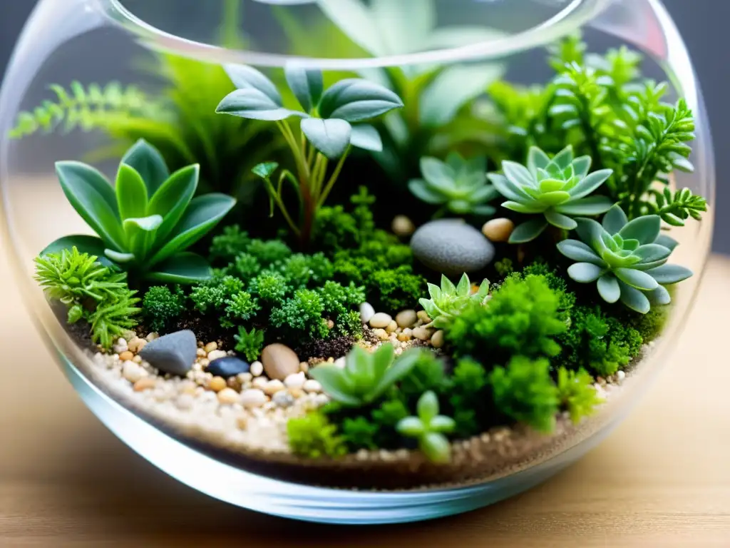 Un mundo en miniatura de terrarios equilibrados con plantas de interior, un ecosistema verde y sereno