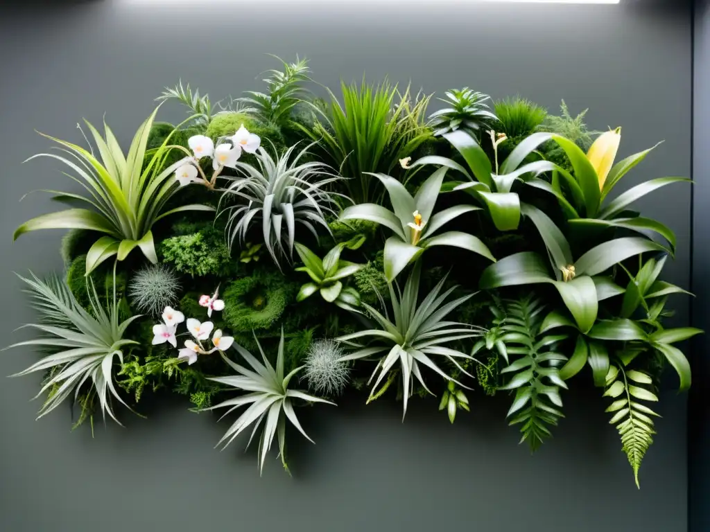 Un muro exuberante y verde con epífitas como plantas de aire, helechos y orquídeas, en un interior moderno y minimalista