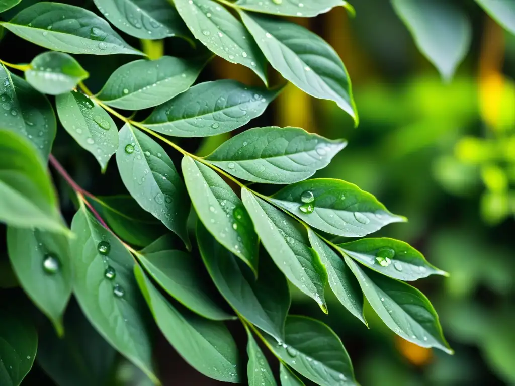 Un muro de plantas exuberante y vibrante, con gotas de agua brillantes