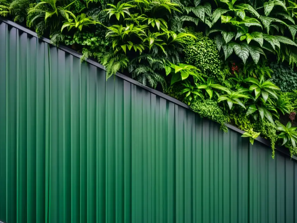 Un muro verde interior meticulosamente cuidado exhibe una composición armoniosa de plantas vibrantes, creando una belleza minimalista y serena