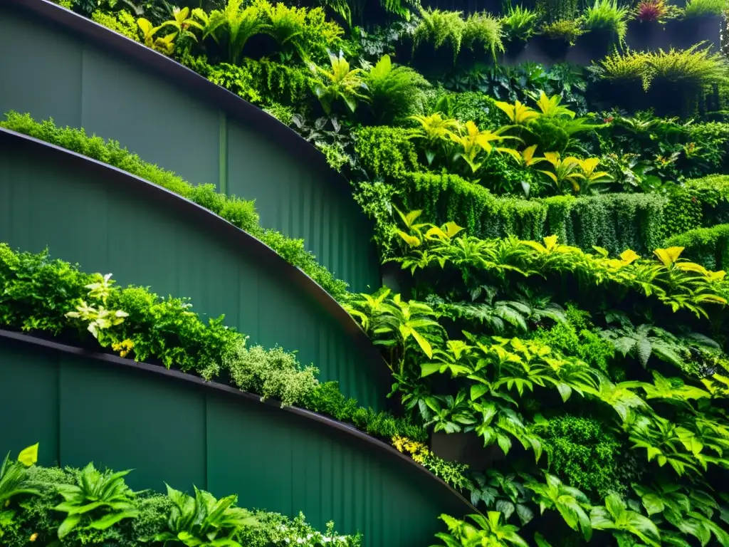 Un muro verde interior exuberante y vibrante, con plantas tropicales para calmar el ambiente