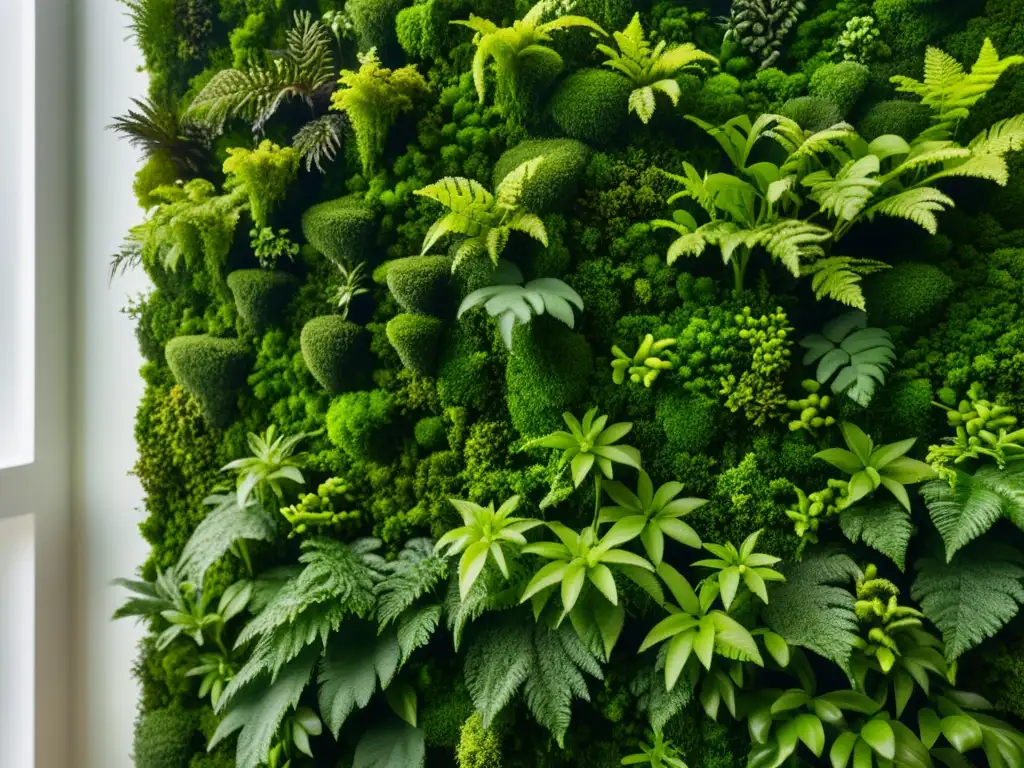 Un muro de musgo verde vibrante en un interior moderno y soleado, con plantas de interior para techos verdes