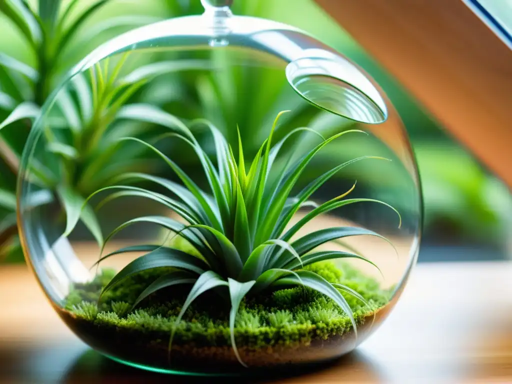 Reproducción de musgos aéreos en interiores: Detalle de Tillandsia verde en terrario geométrico, con luz natural y sombras etéreas