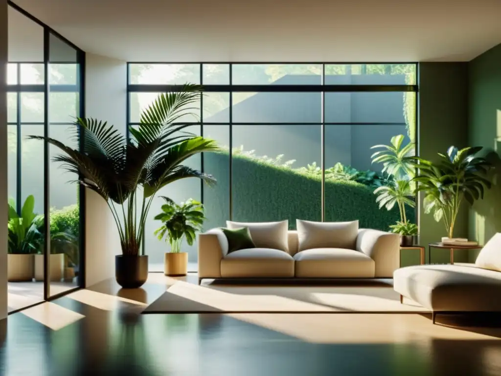 Escenografía natural con plantas de interior, luz y sombras crean un espacio tranquilo y bien diseñado