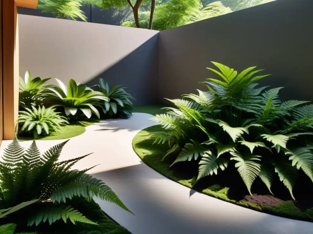 Iluminación natural para jardín de sombra: un oasis de serenidad con luz filtrada entre árboles, iluminando helechos y rocas cubiertas de musgo