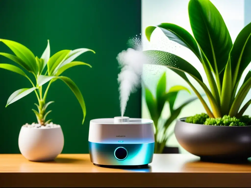 Una nebulización para plantas de interior crea una atmósfera serena y sofisticada, con plantas exuberantes en un entorno minimalista