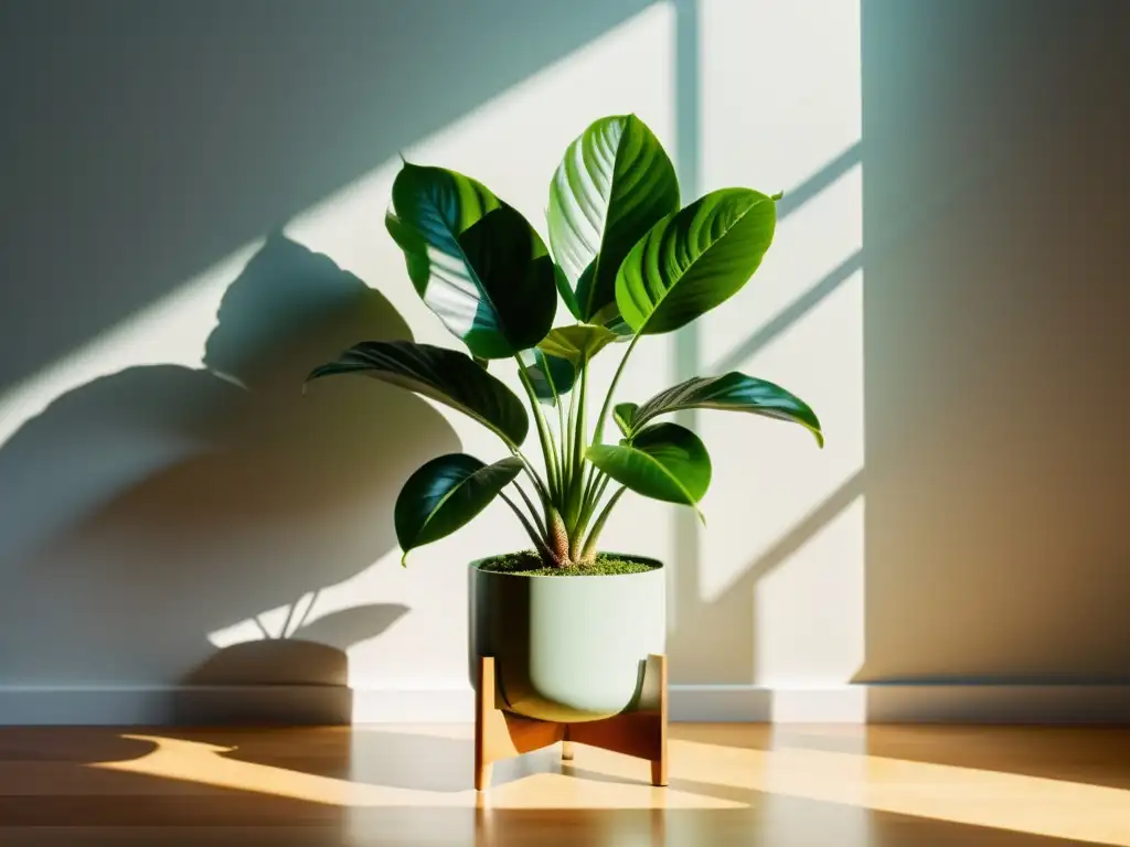 Necesidades de luz para plantas de interior: Ilustración minimalista de una exuberante planta en un soporte moderno, bañada por suave luz solar