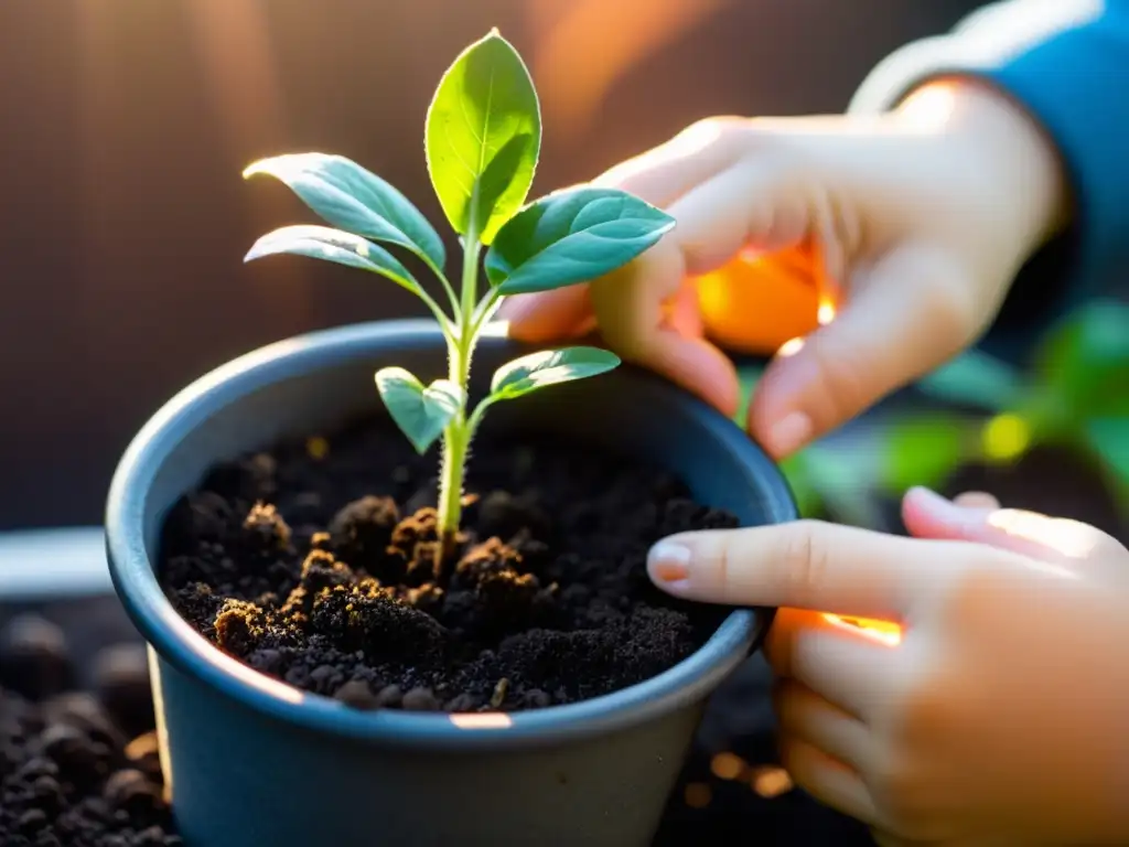 Niño plantando con cuidado una plántula en tierra oscura