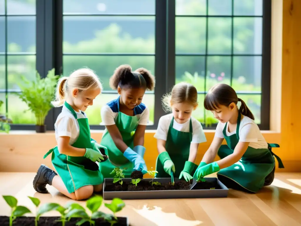 Niños cuidadosos plantan semillas en un jardín interior, iluminados por luz natural