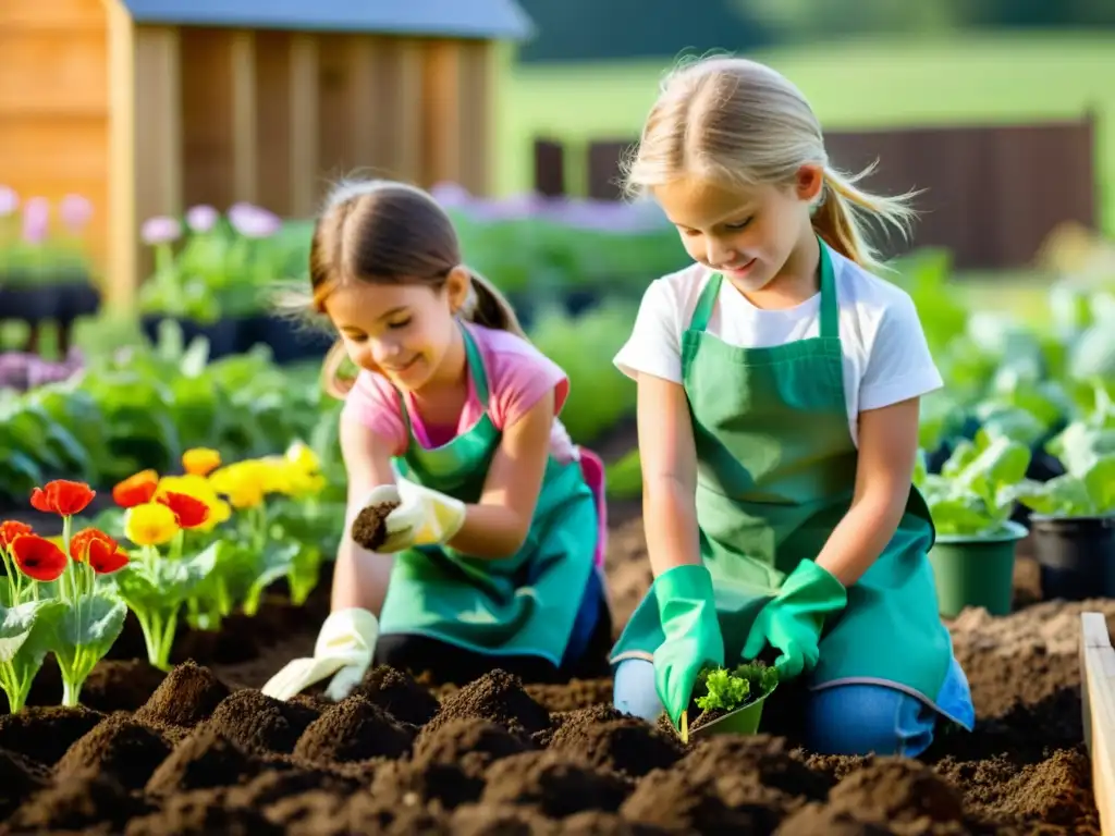 Niños felices plantando flores y vegetales en un jardín