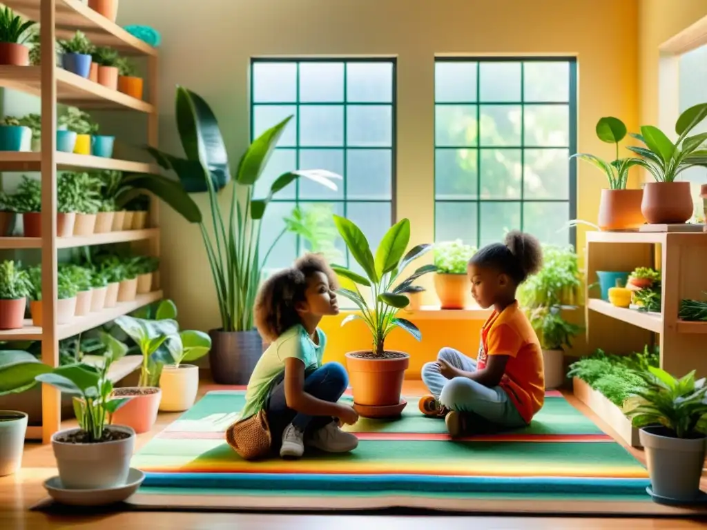 Niños felices cuidando plantas en un alegre ambiente de aprendizaje