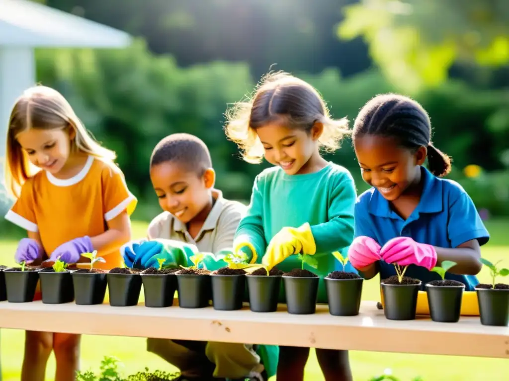 Niños felices plantando semillas en proyectos de jardinería con niños