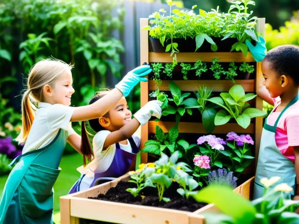 Niños plantando flores y hierbas en jardín vertical, disfrutando de actividades educativas al aire libre