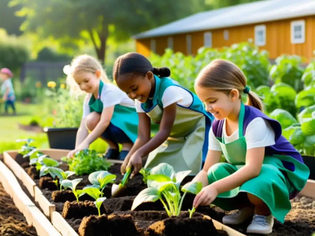 Niños disfrutan la jardinería comunitaria, plantando semillas con entusiasmo en un hermoso jardín bajo el cálido sol