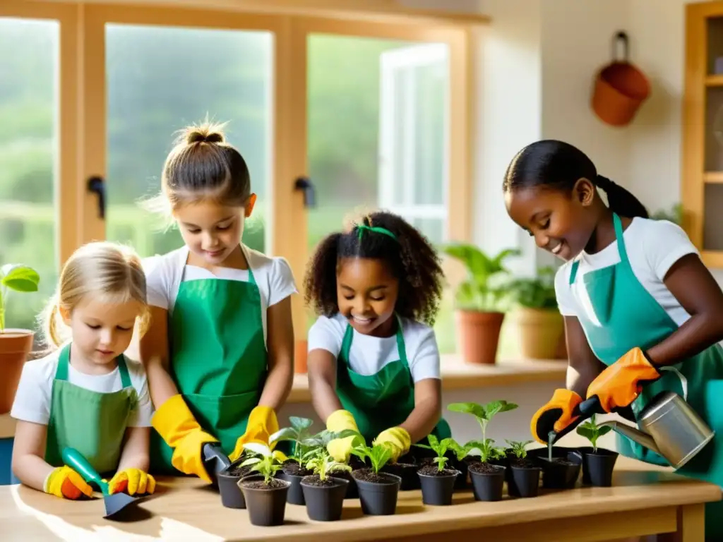 Niños disfrutan de la jardinería interior, conectando con la naturaleza