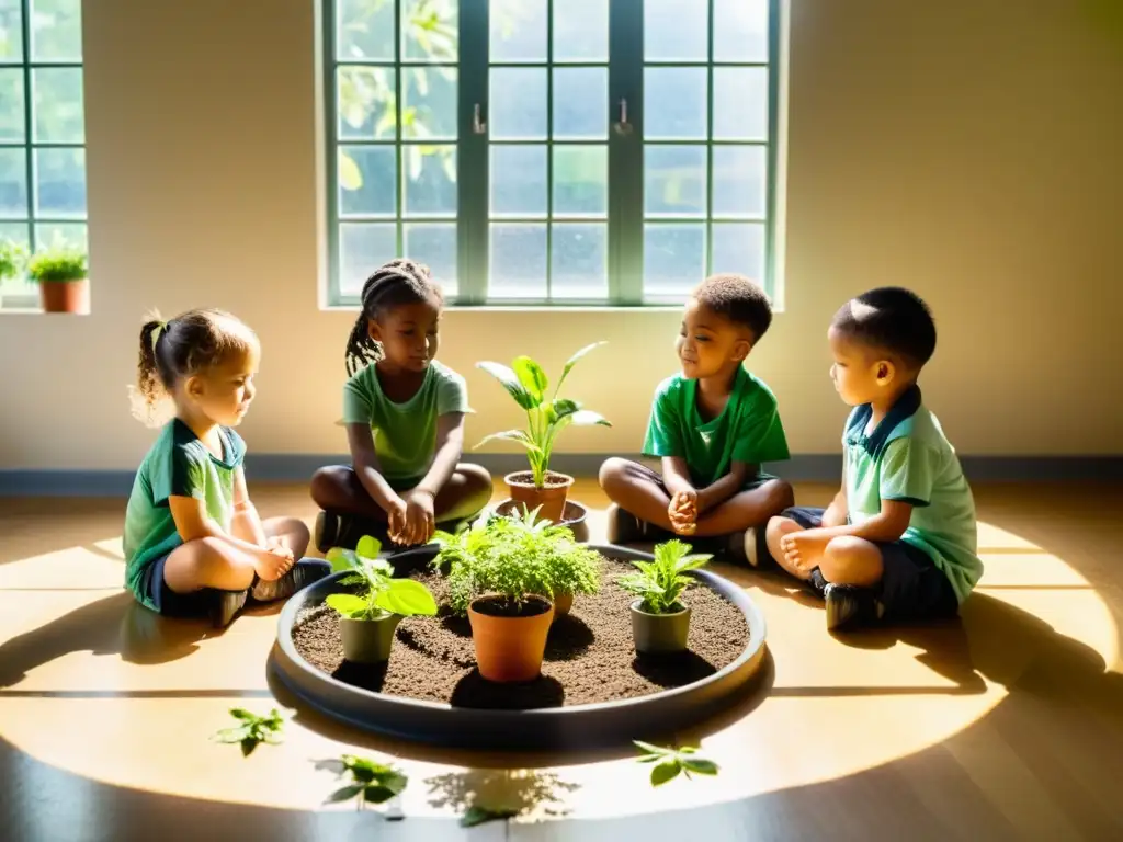 Niños cuidando plantas en aula, conectando con la naturaleza