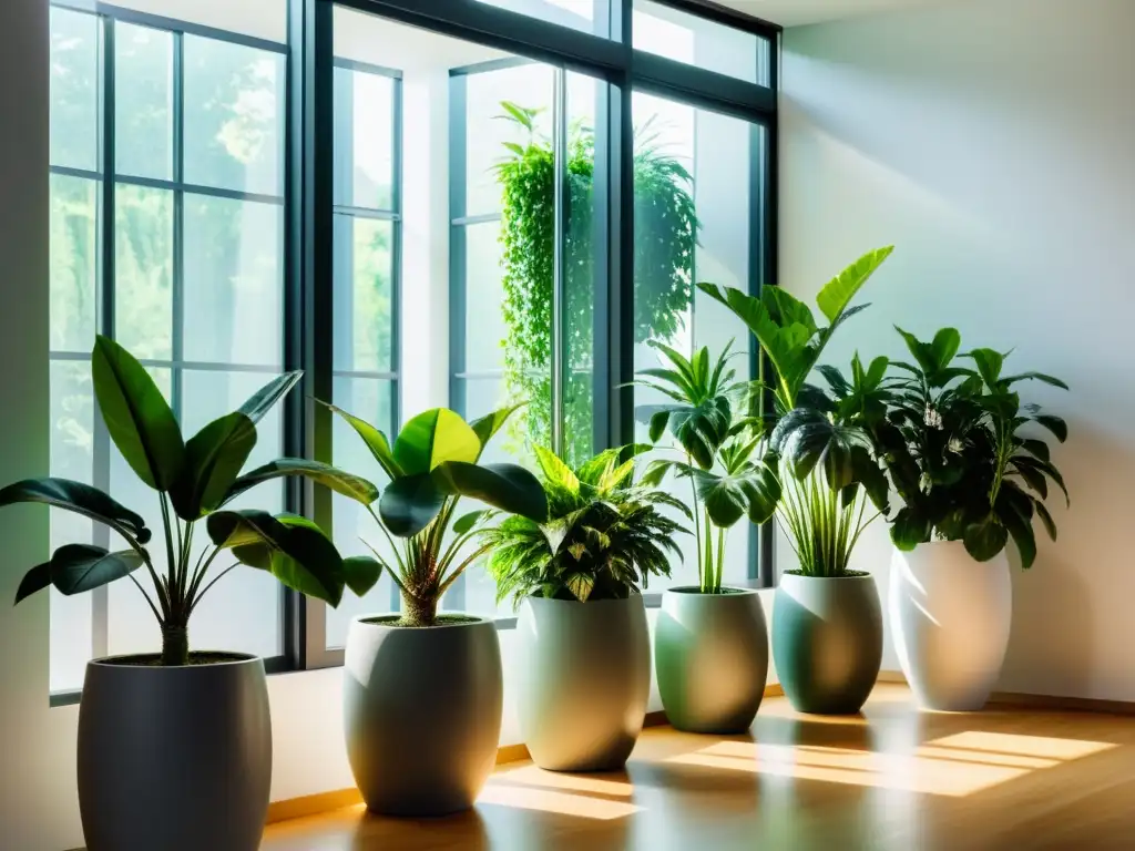 Un oasis de calma en un espacio interior moderno, lleno de plantas verdes en elegantes macetas