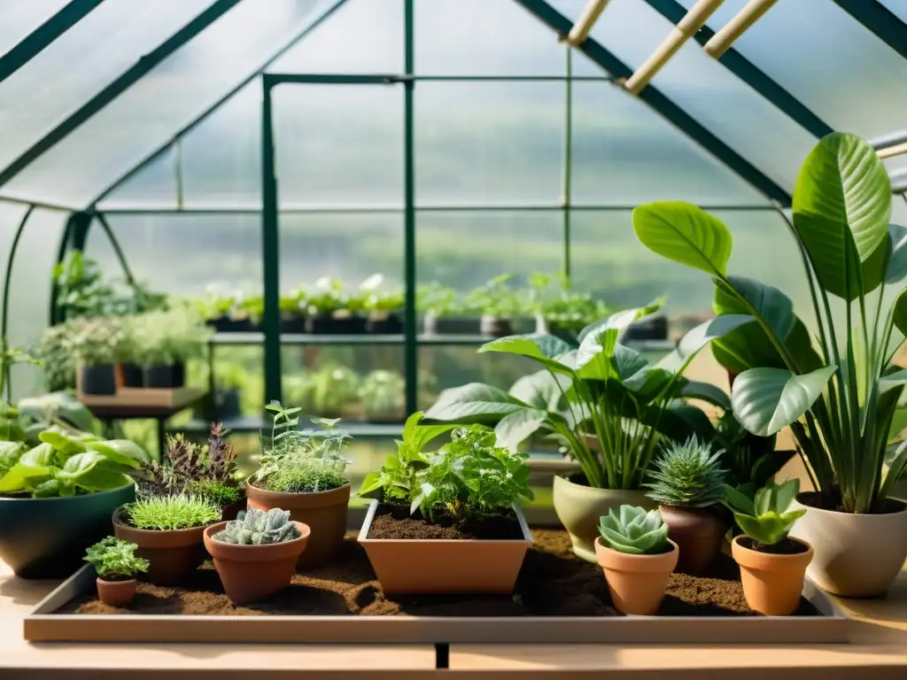 Un oasis en casa: un invernadero interior elegante, lleno de plantas exuberantes y bañado por una suave luz natural