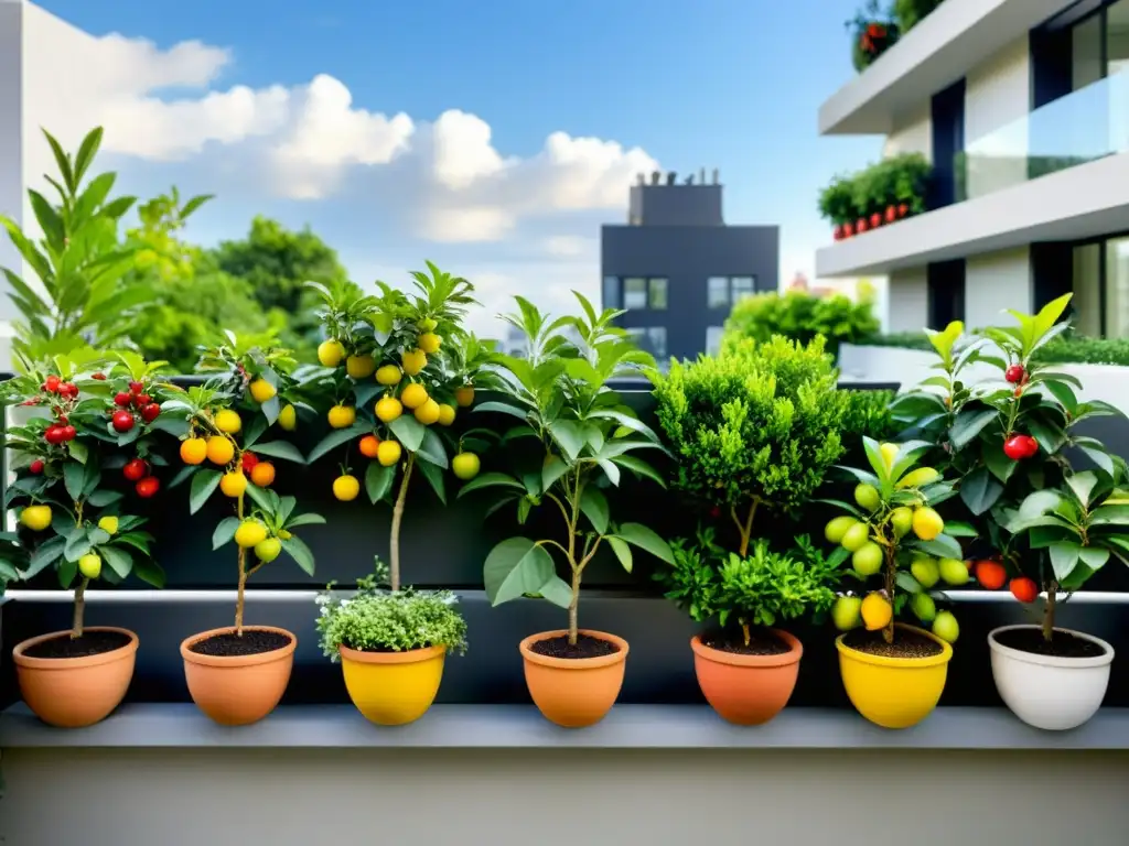 Un oasis de cultivo frutas miniatura interior en un balcón urbano, con árboles frutales en macetas organizadas y etiquetadas