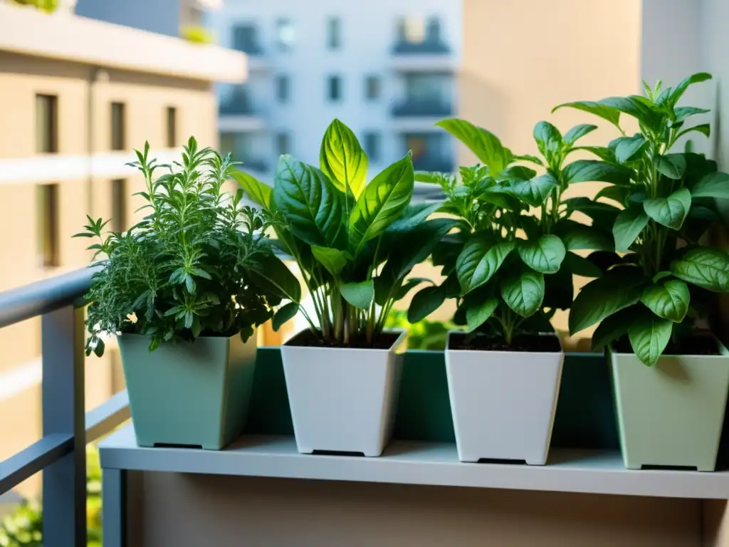 Un oasis de hierbas aromáticas en un balcón urbano: basil, menta y romero en contraste con la ciudad