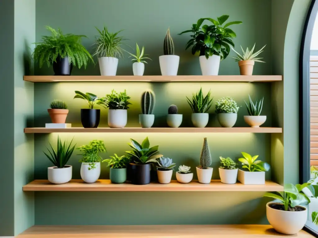 Un oasis interior armonioso con variedad de plantas en estanterías de madera, iluminado por luz natural