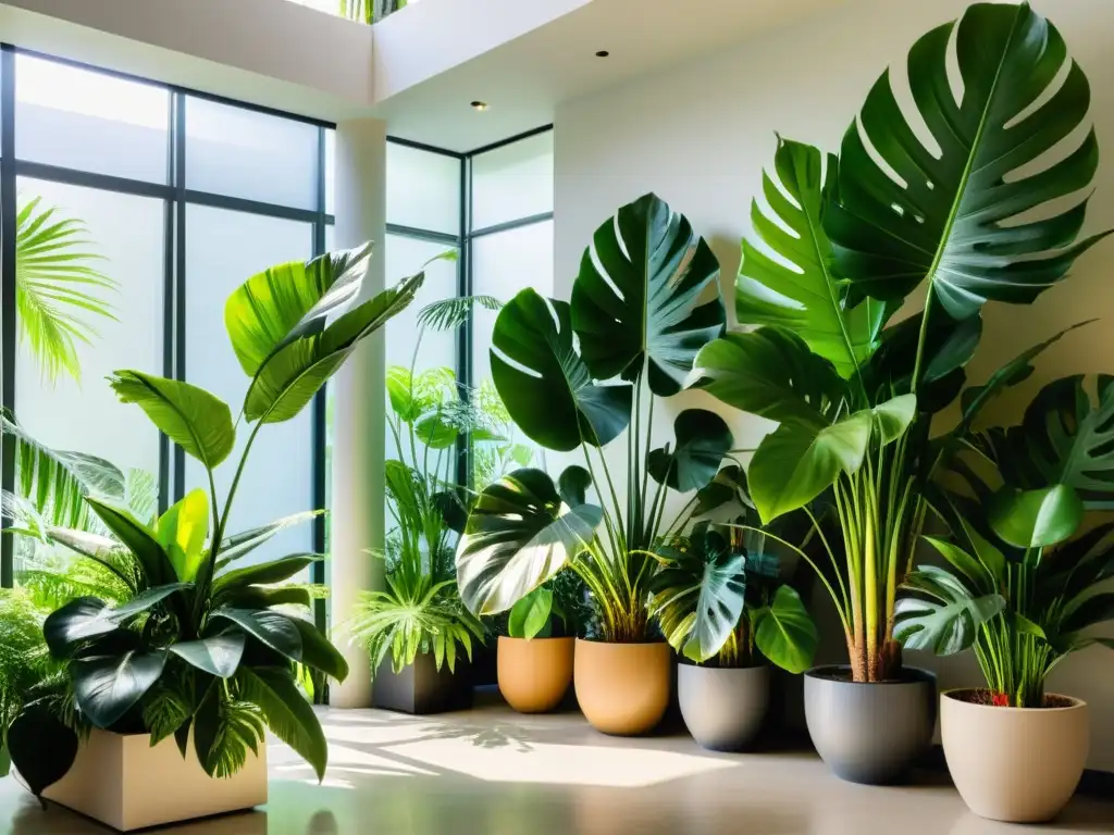 Un oasis interior exuberante con plantas exóticas en elegantes macetas, combinando plantas de interior exóticas en un espacio sereno y acogedor