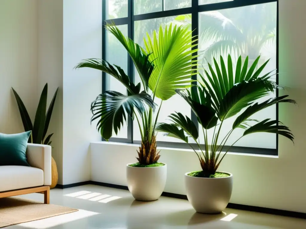 Un oasis interior con las mejores palmas para cuidado interior, exudando tranquilidad y sofisticación en un espacio minimalista y elegante