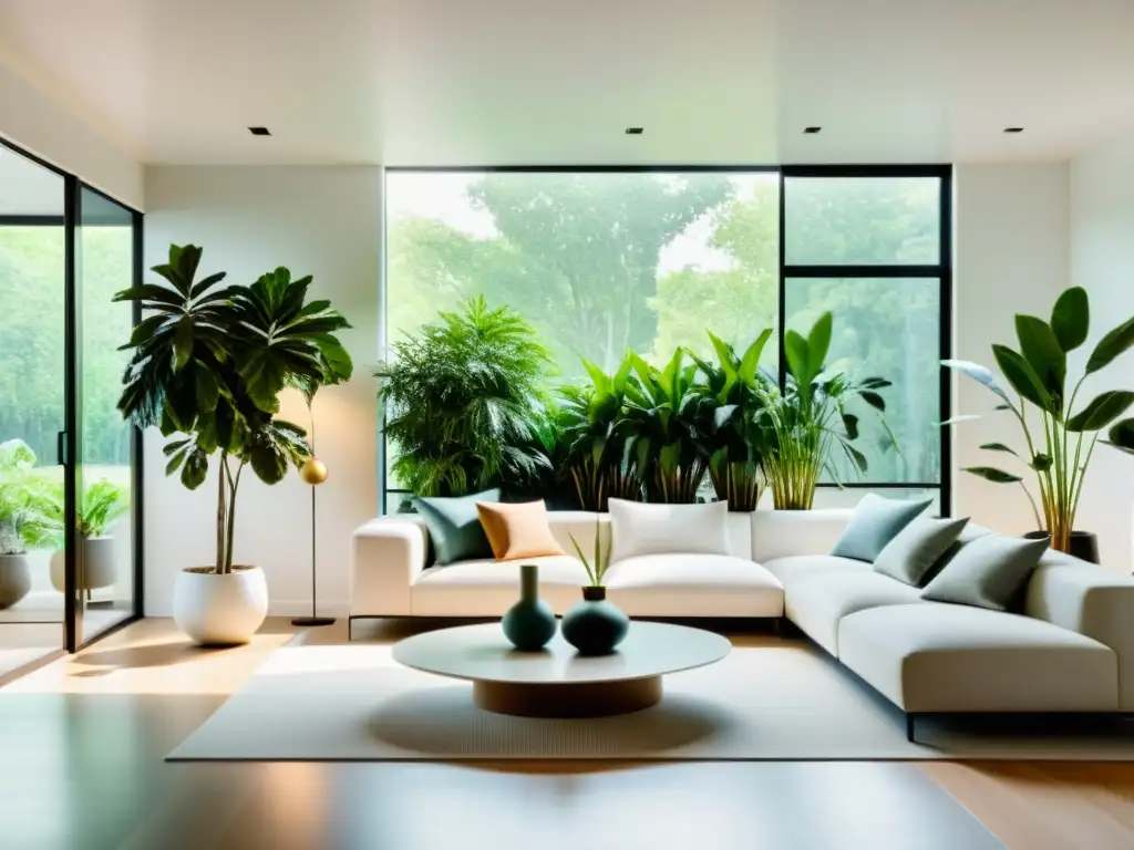 Un oasis interior moderno con plantas exuberantes y abundante luz natural