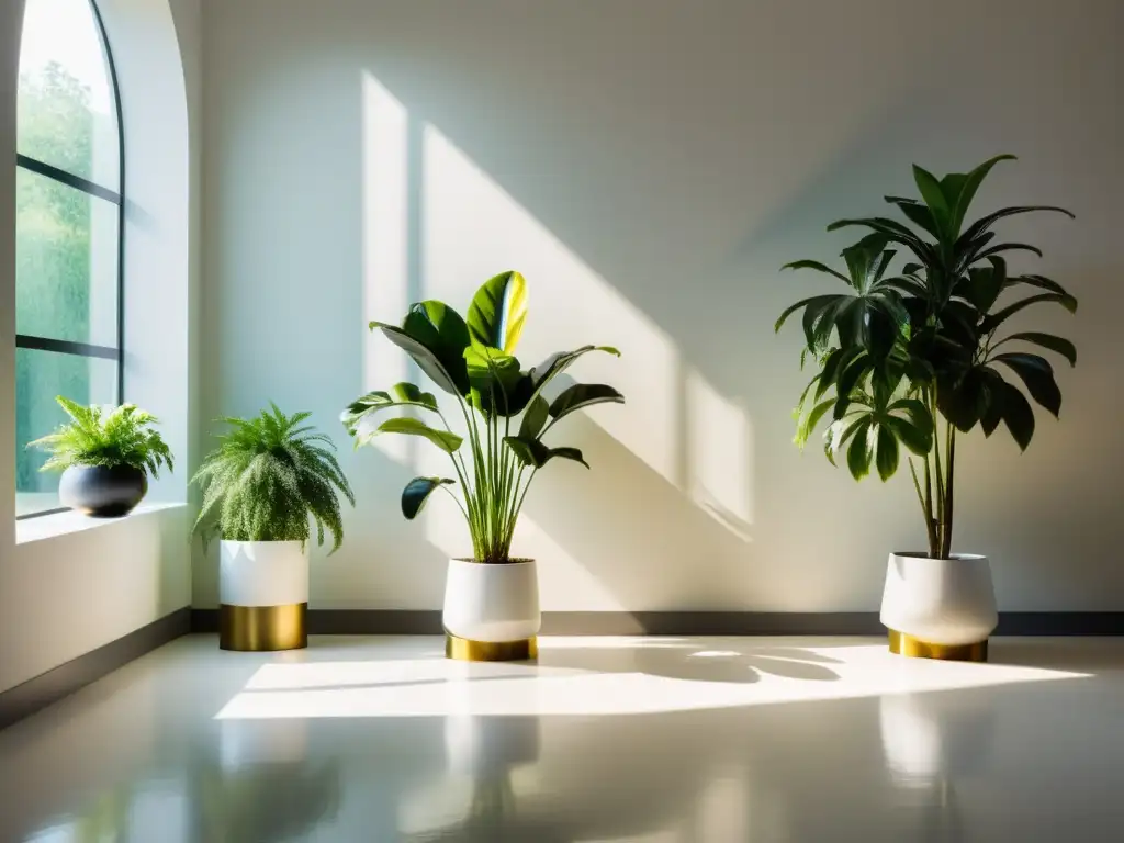 Un oasis interior con plantas de interior purifican aire, bañado por luz dorada a través de ventana alta