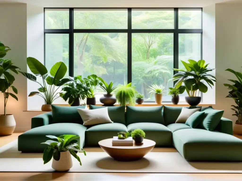 Un oasis interior sereno y minimalista con exuberantes plantas en macetas modernas, bañado por luz natural