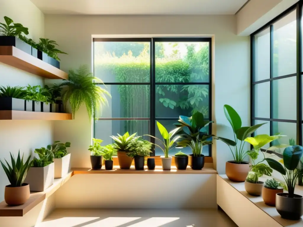 Un oasis interior sereno y minimalista con plantas en estantes modernos, iluminado por el suave resplandor del sol