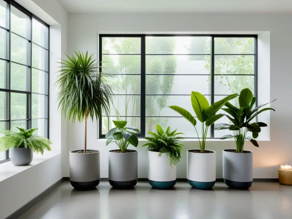 Un oasis interior sereno y minimalista con plantas de clima frío para interiores, luz natural y diseño moderno