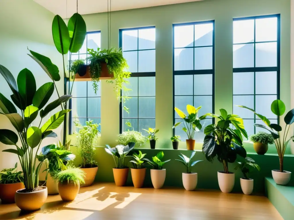 Un oasis interior sereno con plantas exuberantes que evocan una vida sostenible y el cuidado de las plantas en el hogar