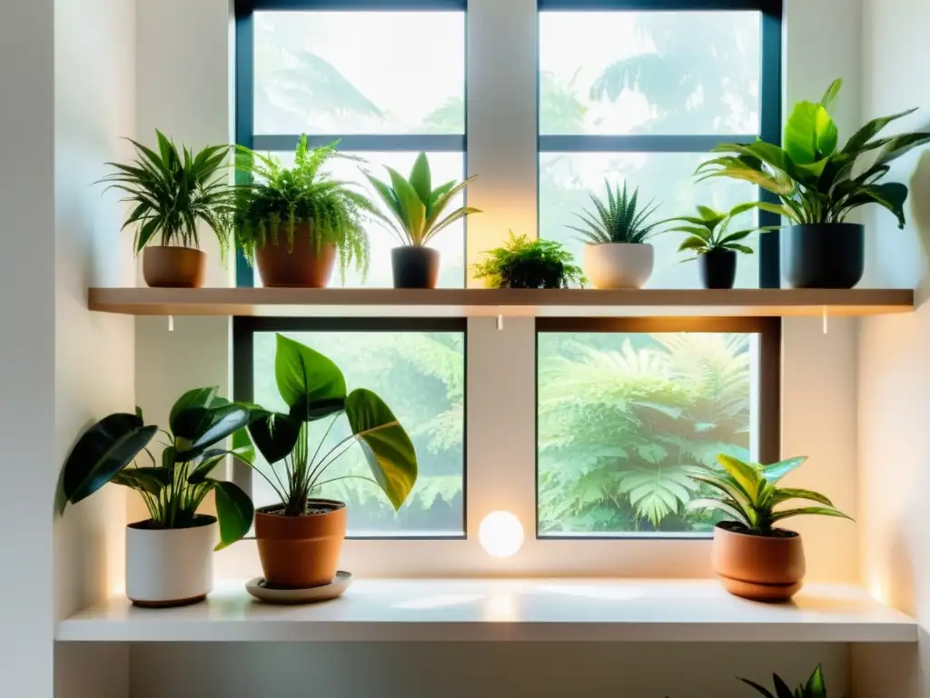 Un oasis interior tranquilo y armonioso con plantas exuberantes en estantes modernos