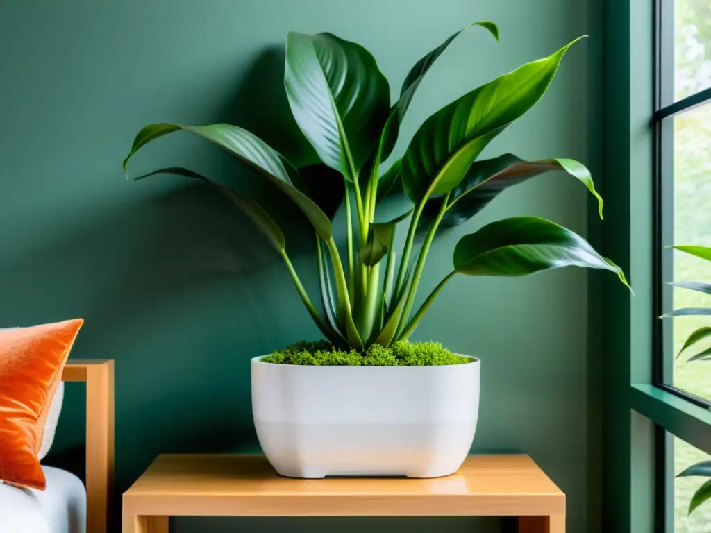 Un oasis interior tranquilo con plantas de interior autolimpiables cerca de una ventana soleada