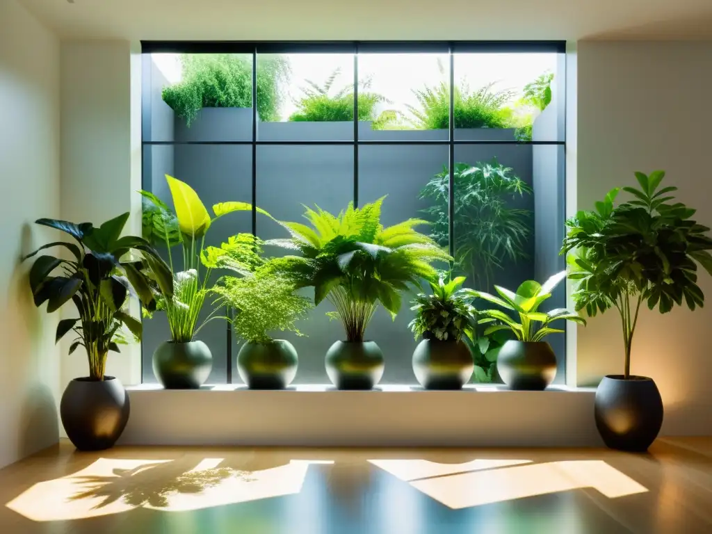 Un oasis de jardinería de interiores para principiantes: plantas verdes exuberantes en elegantes macetas, iluminadas por suave luz natural